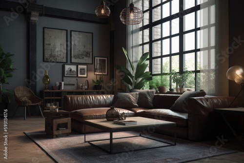  loft living room in an industrial style, Generative AI © HansAdam