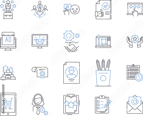 Marketing and concept outline icons collection. marketing, concept, strategy, planning, segmentation, targeting, positioning vector and illustration concept set. differentiation, value, proposition