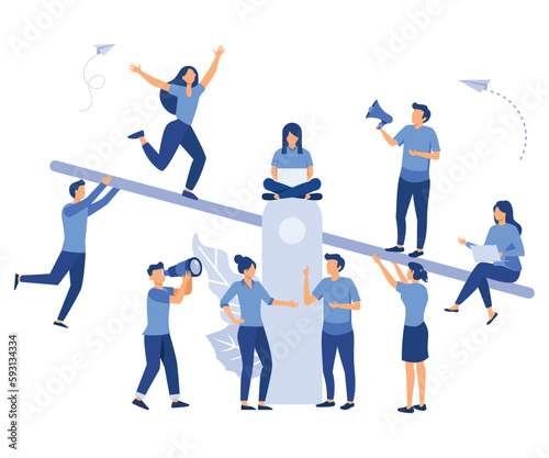  groups of people on a swing and outweighs them, the concept of overweight, cost, power and comparison, flat vector modern illustration 