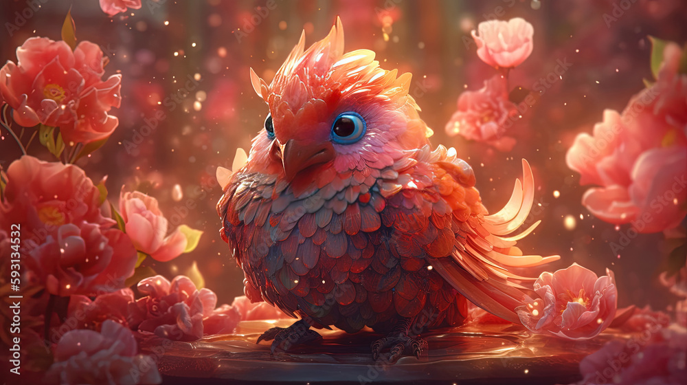 Fototapeta premium Phoenix illustration with flower. Generative AI.