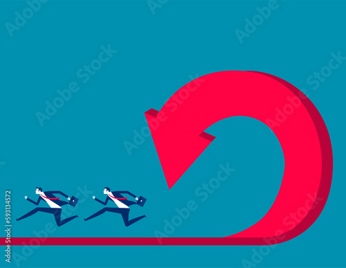 Rising arrow falling chasing business person running. Business vector illustration concept