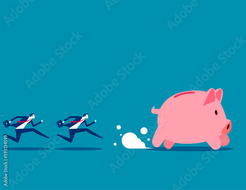 Two business person chasing pigs running. Business vector illustration concept