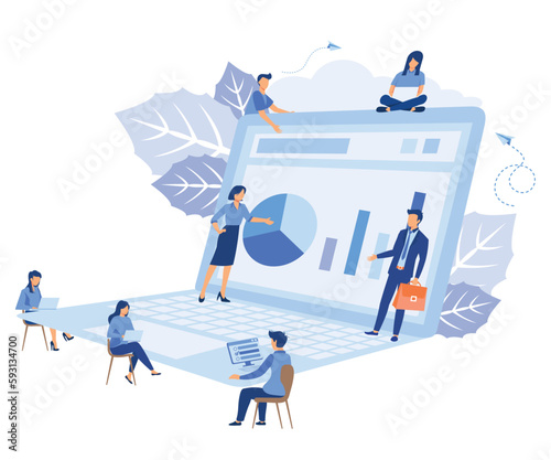 Online business conference, businessmen, online joint meeting, team thinking and brainstorming, company information analytics, flat vector modern illustration