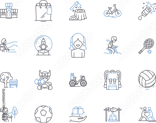 Leisure business outline icons collection. Travel, Tours, Recreation, Outdoors, Holidays, Adventures, Activities vector and illustration concept set. Sports, Gaming, Vacations linear signs