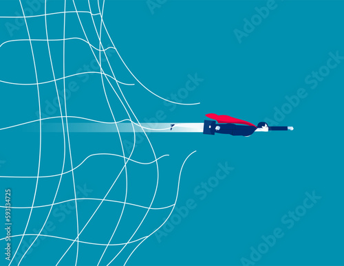 The business person broke through the net and flew out. Business vector illustration