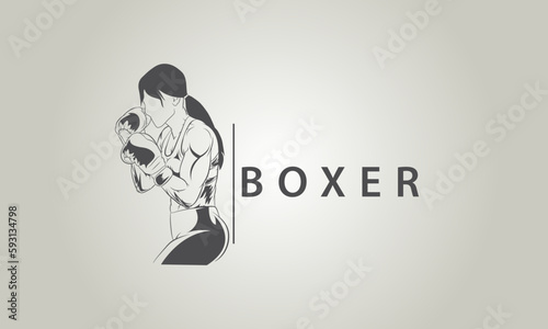 Girl is a boxer. Poster. Vector monochrome image. Logo
