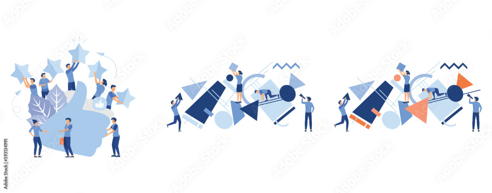 measurement of customer satisfaction and star rating, A team of people assemble an abstract geometric puzzle, characters collect geometric shapes, set flat vector modern illustration - obrazy, fototapety, plakaty 