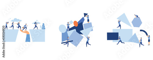  aimed at the goal, increase motivation,  A team of people assemble an abstract geometric puzzle, characters collect geometric shapes , set flat vector modern illustration