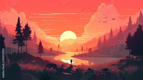 Summer landscape sunset illustration digital painting. Generative AI.