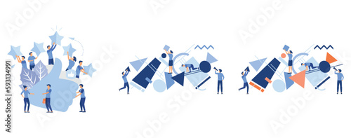 measurement of customer satisfaction and star rating, A team of people assemble an abstract geometric puzzle, characters collect geometric shapes, set flat vector modern illustration
