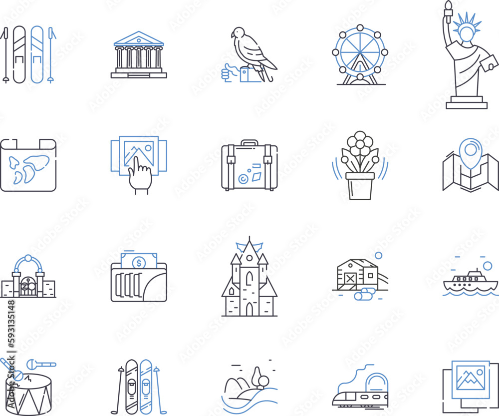 World tour outline icons collection. Travel, Globe, Journey, Circumnavigate, Vacation, Trip, Expedition vector and illustration concept set. Circumvent, Expeditionary, Wander linear signs