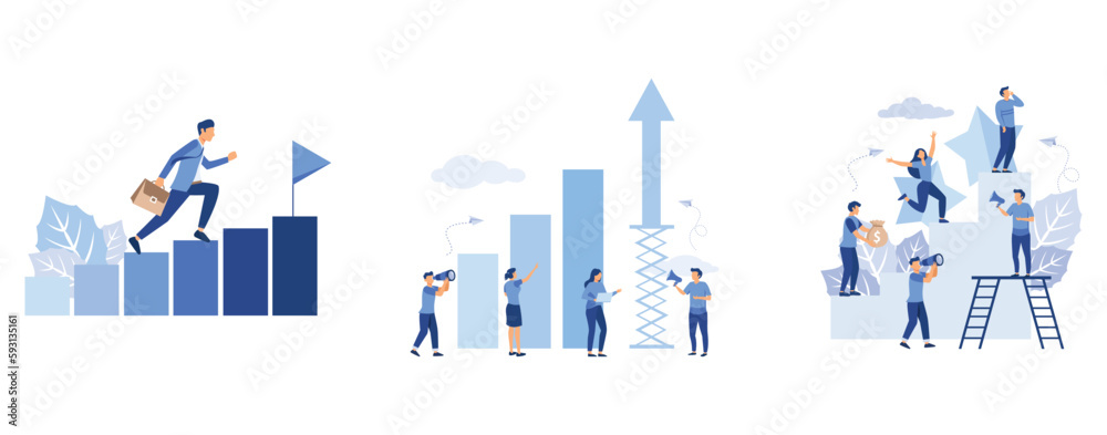 the path to the target's achievement, prepare the launch of a business project. rise of career to success, little people climb the corporate ladder, set flat vector modern illustration