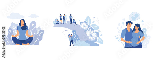 the concept of meditation, the health benefits for the body, palm holds people, support for professional growth, Couple suffering from infertility dreams of having baby, flat vector modern illustratio