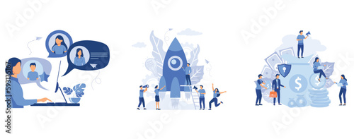 communication via the Internet, social networking, people are building a spaceship rocket. cohesive teamwork, money protection, financial saving insurance, set flat vector modern illustration
