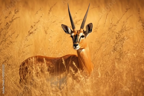 Safaris and wildlife viewing. The Ugandan kob antelope (Kobus kob thomasi) is seen at the national park among fields of golden, dried grass. Generative AI photo