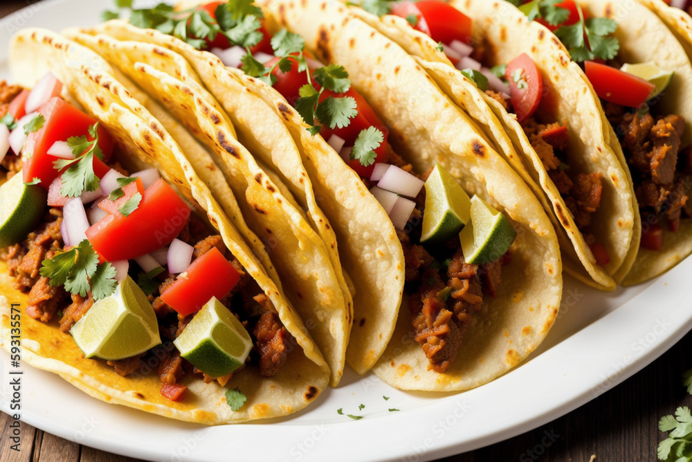 Mexican tacos with meat, guacamole, pico de gallo, and cheese, served on a white plate. Generative AI Mexican tacos with meat, guacamole, pico de gallo, and cheese, served on a white plate. Generative AI