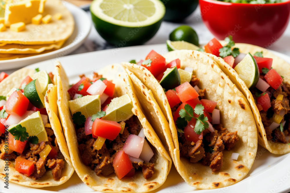 Mexican tacos with meat, guacamole, pico de gallo, and cheese, served on a white plate. Generative AI Mexican tacos with meat, guacamole, pico de gallo, and cheese, served on a white plate. Generative AI