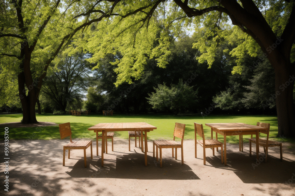 Table with chairs in a park. Generative AI Table with chairs in a park. Generative AI