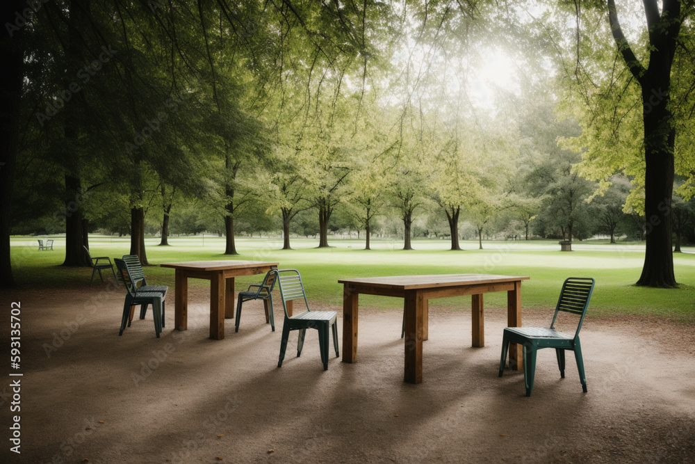 Table with chairs in a park. Generative AI