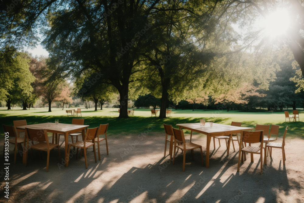 Table with chairs in a park. Generative AI