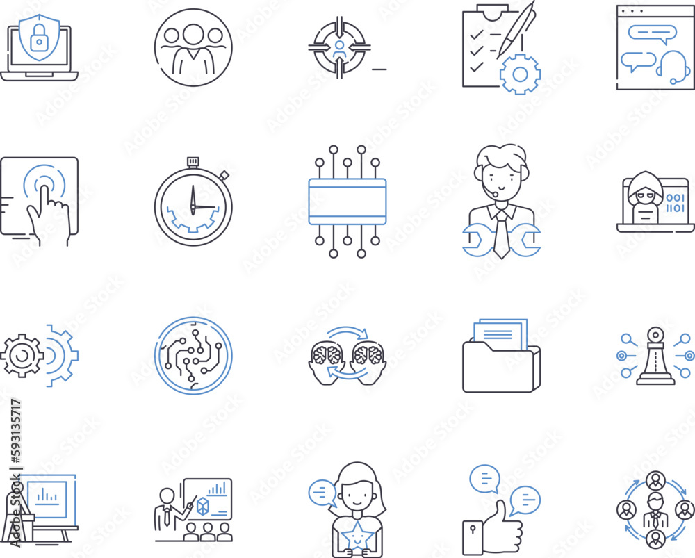 Business networking outline icons collection. Business, networking, contacts, leads, referrals, partners, collaboration vector and illustration concept set. resources, relationships, alliances linear