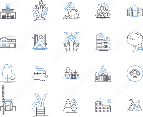 City parks outline icons collection. Urban, Parks, Outdoor, Public, Trails, Gardens, Recreation vector and illustration concept set. Playgrounds, Amenities, Trees linear signs