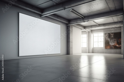 Perspective view on blank white poster with empty place on grey partition in spacious underground hall with water pipes on wall background and glossy concrete floor. 3D rendering, mock. Generative AI