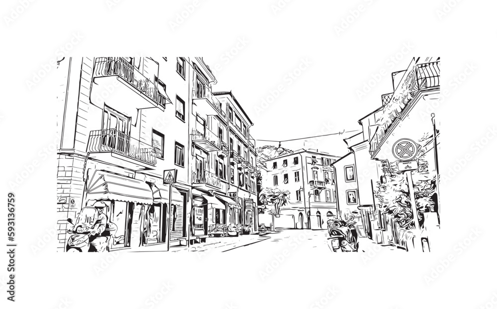 Building view with landmark of  Rapallo is the municipality in Italy. Hand drawn sketch illustration in vector.