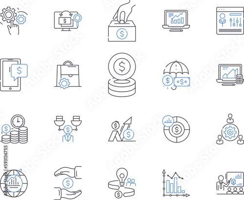 Finance business outline icons collection. Accounting, Taxation, Investment, Banking, Budgeting, Auditing, Loans vector and illustration concept set. Funds, Insolvency, Forex linear signs