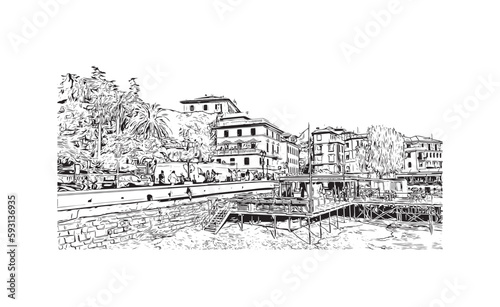 Building view with landmark of Rapallo is the municipality in Italy. Hand drawn sketch illustration in vector.