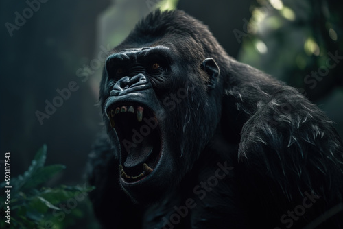 Screaming big monkey gorilla in the jungle, animal illustration. Generative AI