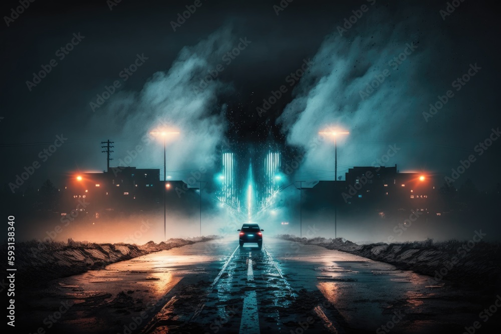 a searchlight, smoke, neon lights reflected in wet asphalt. Dark, desolate roadway with smoke and pollution, with abstract light. Dark background image with a nighttime cityscape and deserted street