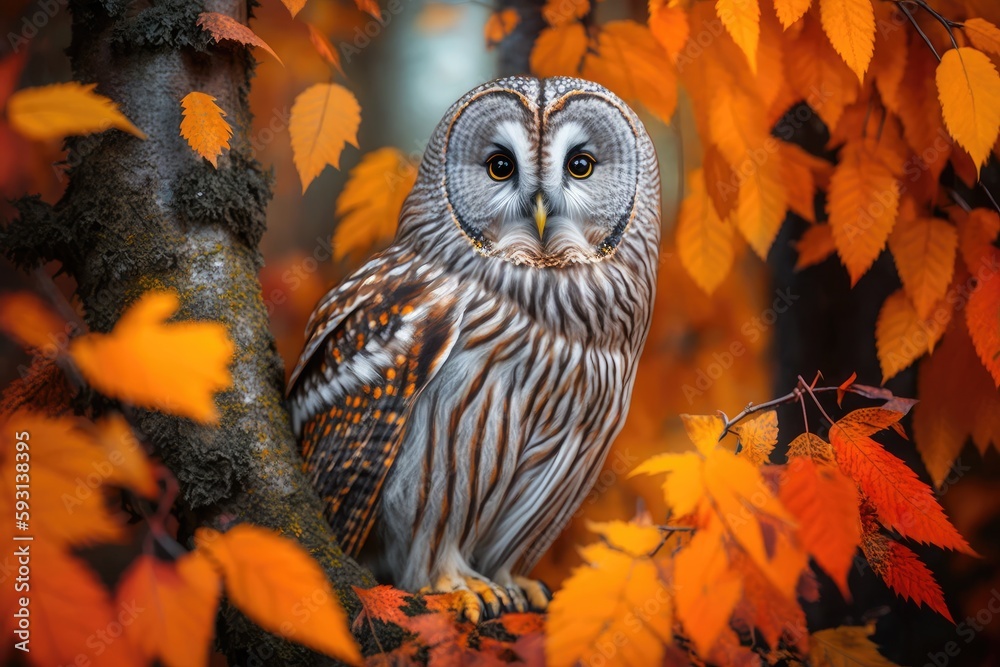 Strix uralensis, the ural owl, perched on a bough in a woodland of oak trees with orange foliage. Generative AI Strix uralensis, the ural owl, perched on a bough in a woodland of oak trees with orange foliage. Generative AI