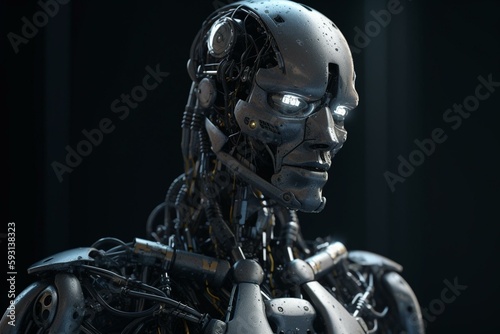 a robot with a chain around its neck and eyes looking at the camera with a serious look on his face and body  with a chain around his neck and shoulder  and head . Generative AI