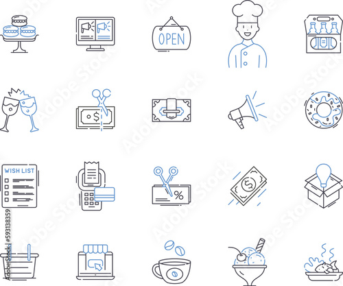 Shop and meal outline icons collection. shop, meal, restaurant, bistro, cafe, diner, brasserie vector and illustration concept set. trattoria, pub, bar linear signs