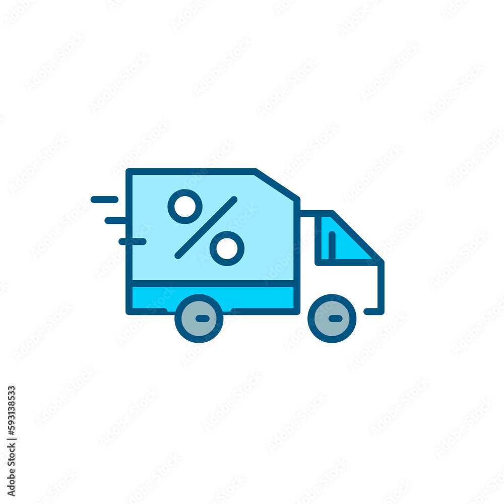 Sale items speedy delivery. Delivery voucher. Truck with percent symbol on it Sale items speedy delivery. Delivery voucher. Truck with percent symbol on it