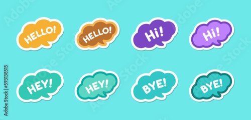 Cute Hello, hi, hey and bye greeting speech bubble icons sticker set. Simple flat vector illustration.