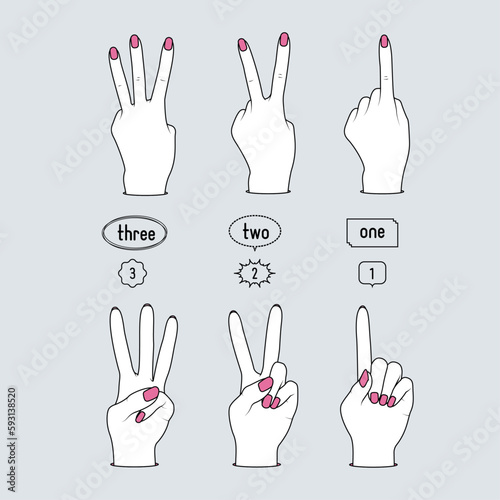 リアルなハンドサインのベクターイラスト　1,2,3の手　両面