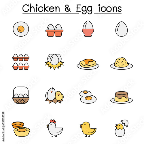 Chicken & Egg color line icon set