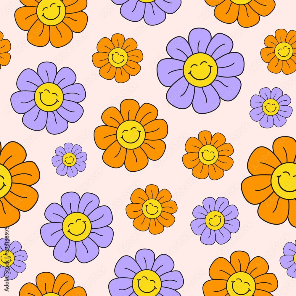 Retro groovy seamless pattern with smiling flowers on a light background. Cute colorful trendy vector illustration in style 60s, 70s