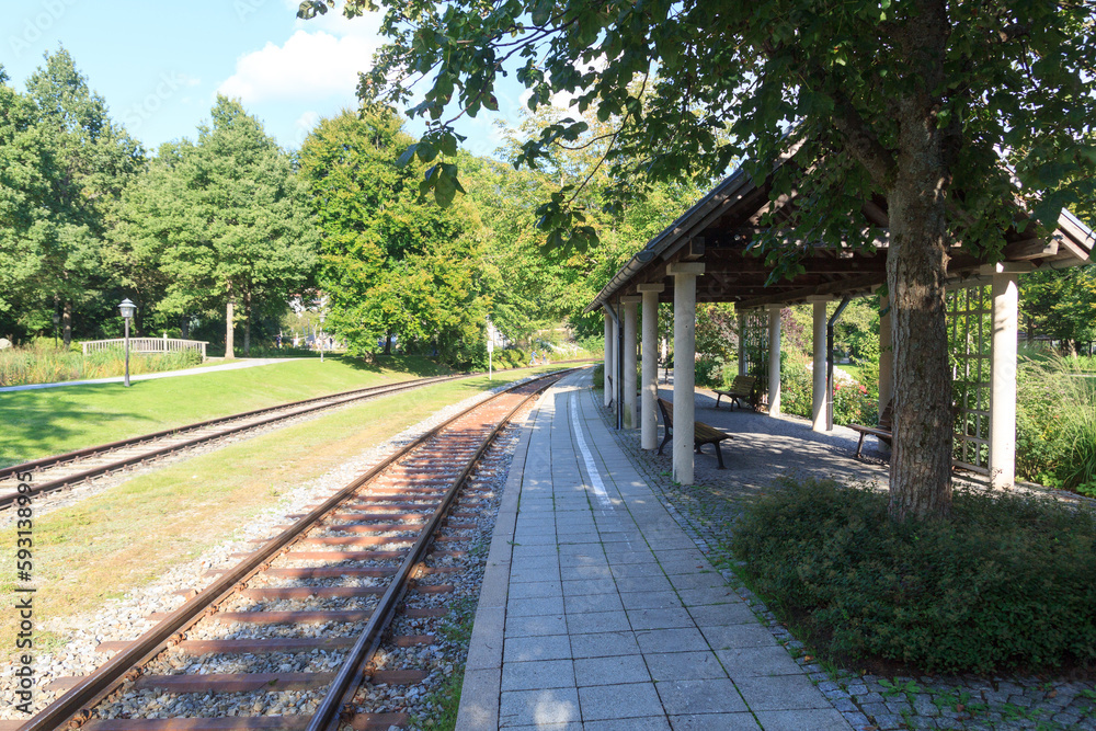 Train station in spa park Kurpark in municipality Bodenmais in Bavarian Forest, Germany