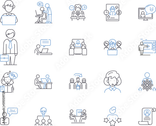 Management department outline icons collection. Managing, Session, Training, Workshop, Business, Leadership, Strategies vector and illustration concept set. Planning, Coaching, Facilitation linear