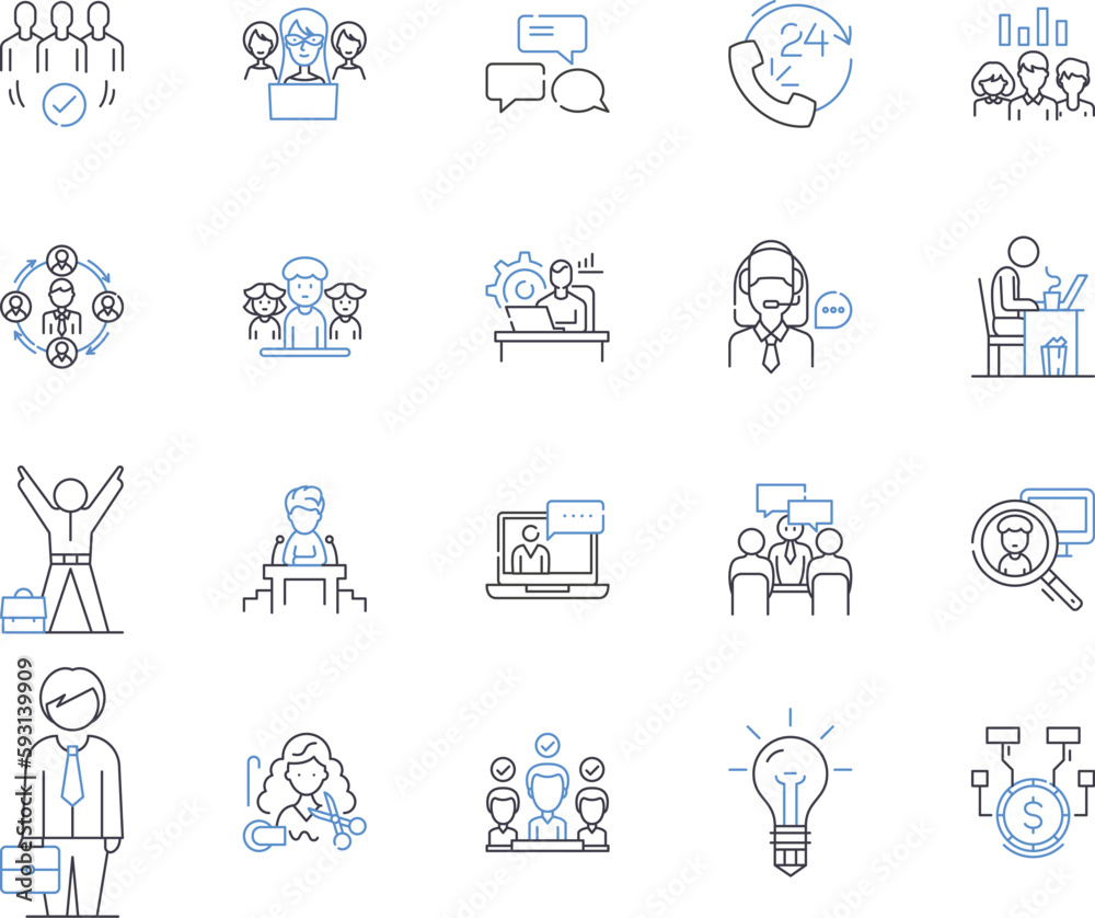 Employee life outline icons collection. Worker, Job, Joblessness, Salary, Benefits, Performance, Motivation vector and illustration concept set. Reward, Hours, Vacation linear signs