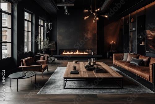 industrial-style living room loft with a dark fireplace. Generative AI