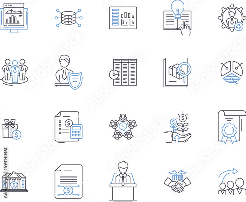 Bank and financial strategy outline icons collection. Banking, Finance, Strategy, Planning, Investing, Risk, Asset vector and illustration concept set. Funds,Management,Securities linear signs