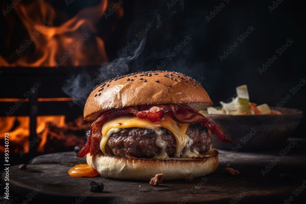Cooked Over Open Fire Bbq Burger With Bacon Fried Cutlet And Cheese