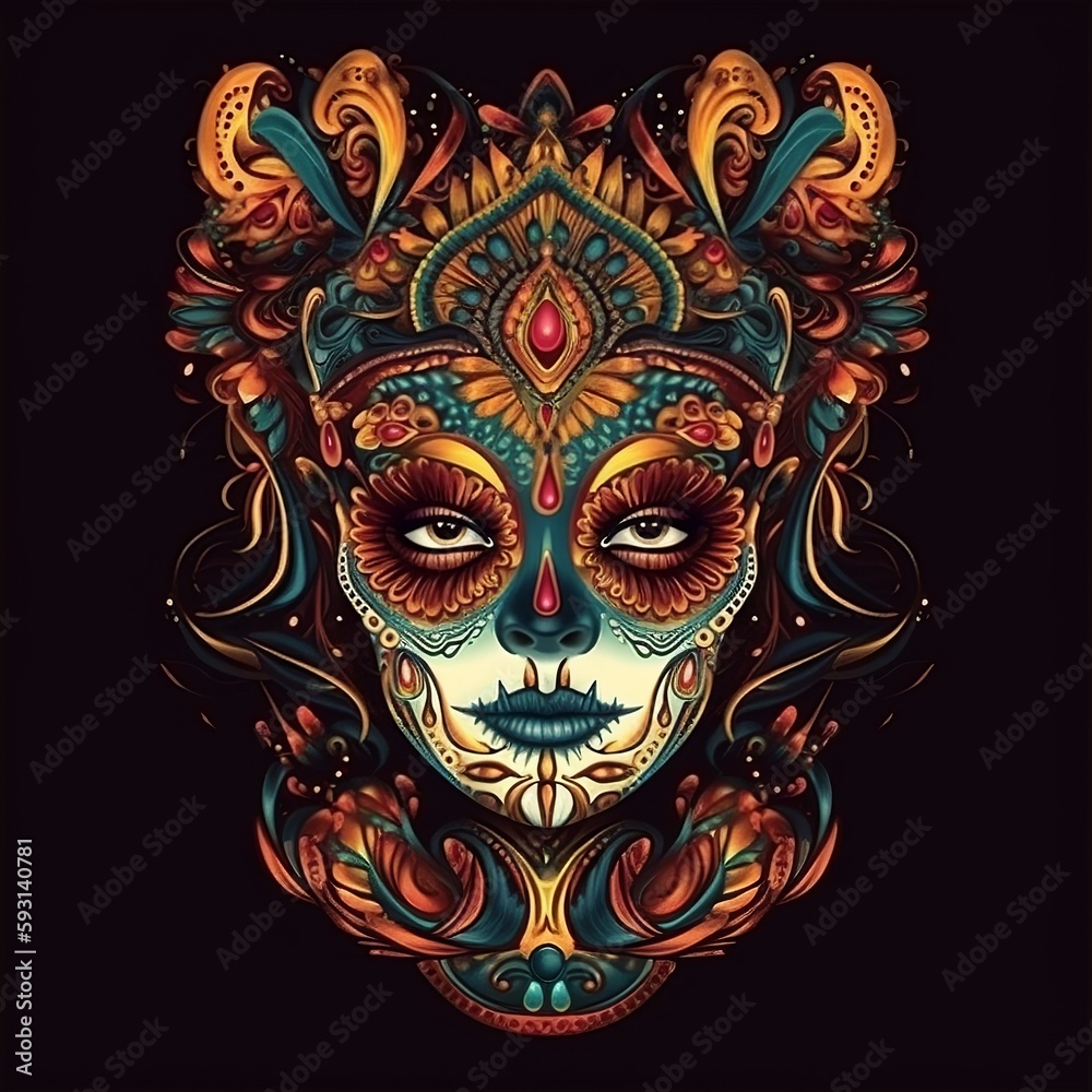 Dia de los muertos, Maxican mask girl, Generative Ai