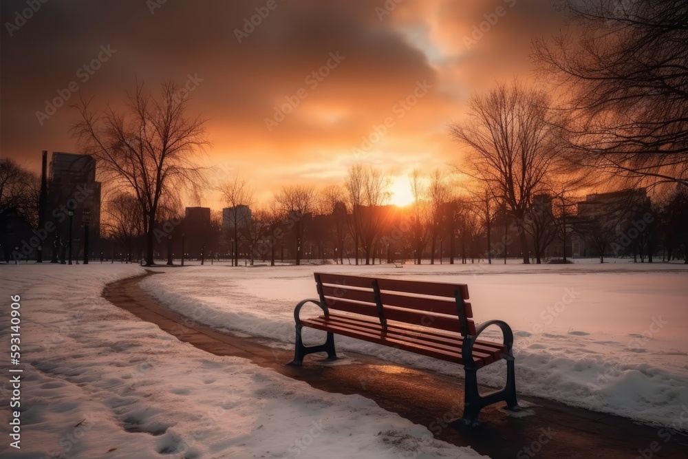 sunset scene in a wintertime city park. Generative AI