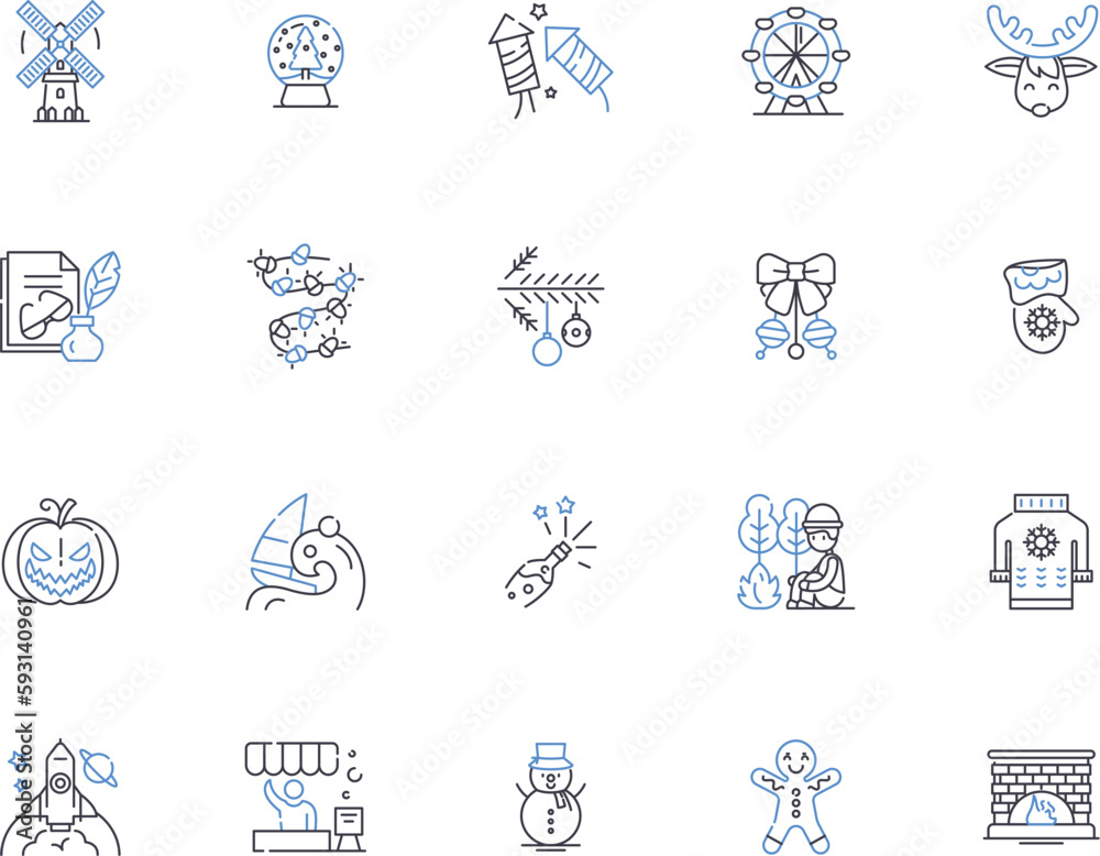 Holidays outline icons collection. Vacation, Festive, Trip, Celebration, Fete, Break, Holiday vector and illustration concept set. Convivial, Joyous, Gaiety linear signs
