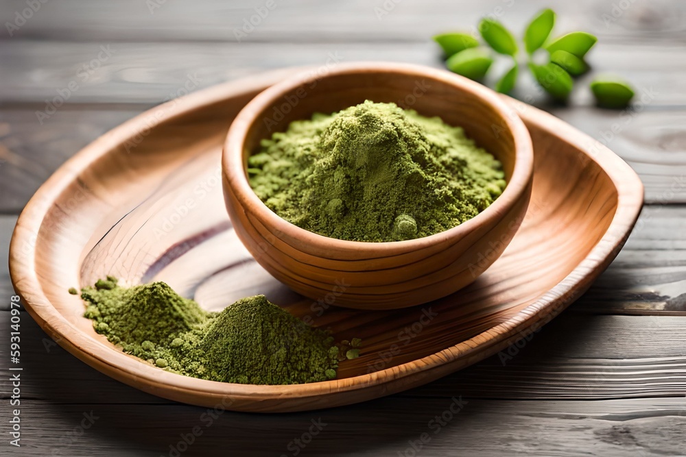 Side view healthy moringa powder for tea isolated on blurry background Side view healthy moringa powder for tea isolated on blurry background